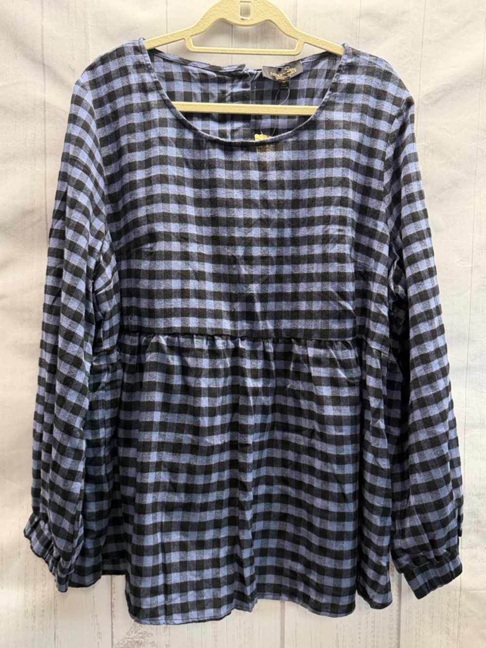 Suzanne Betro NWT Blue and Black Gingham Long Sleeve Flannel Babydoll Top 2X